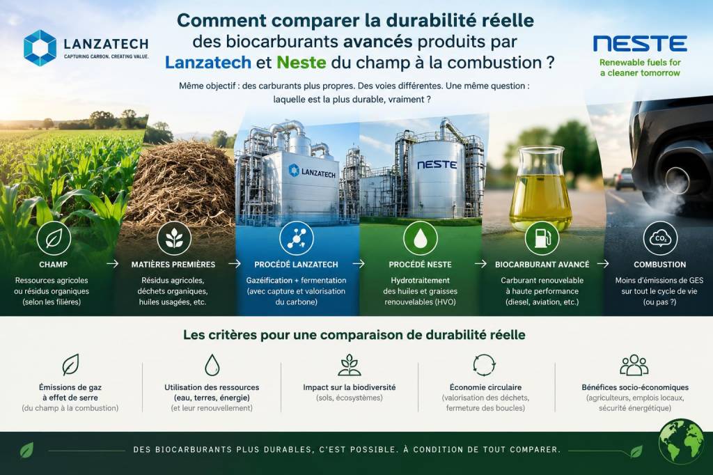 Comment comparer la durabilité réelle des biocarburants avancés produits par lanzatech et neste du champ à la combustion