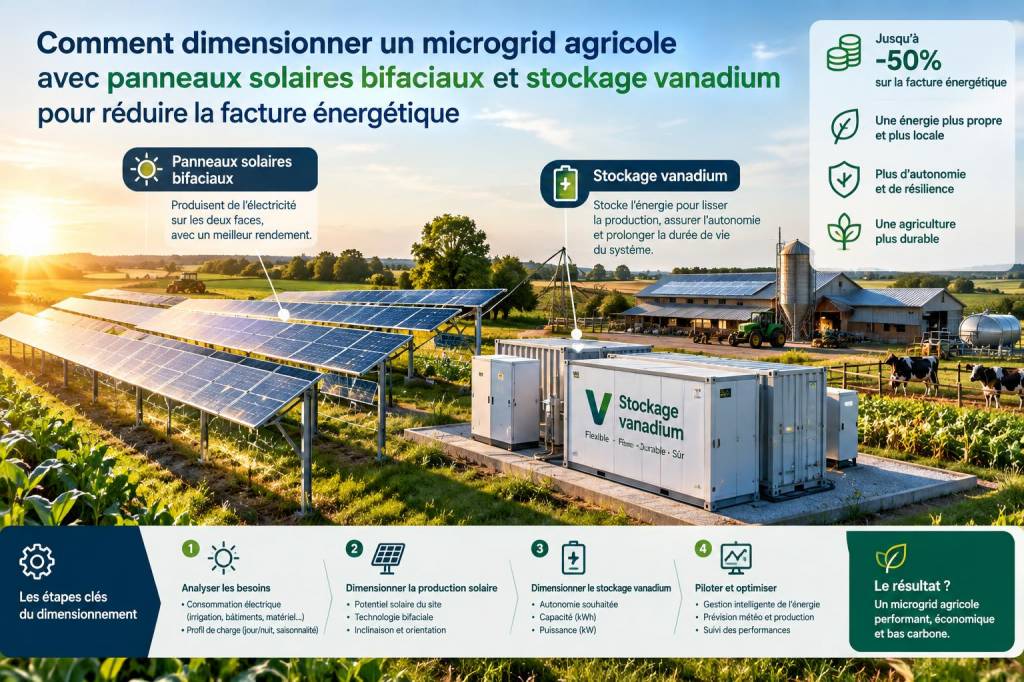 Comment dimensionner un microgrid agricole avec panneaux solaires bifaciaux et stockage vanadium pour réduire la facture énergétique